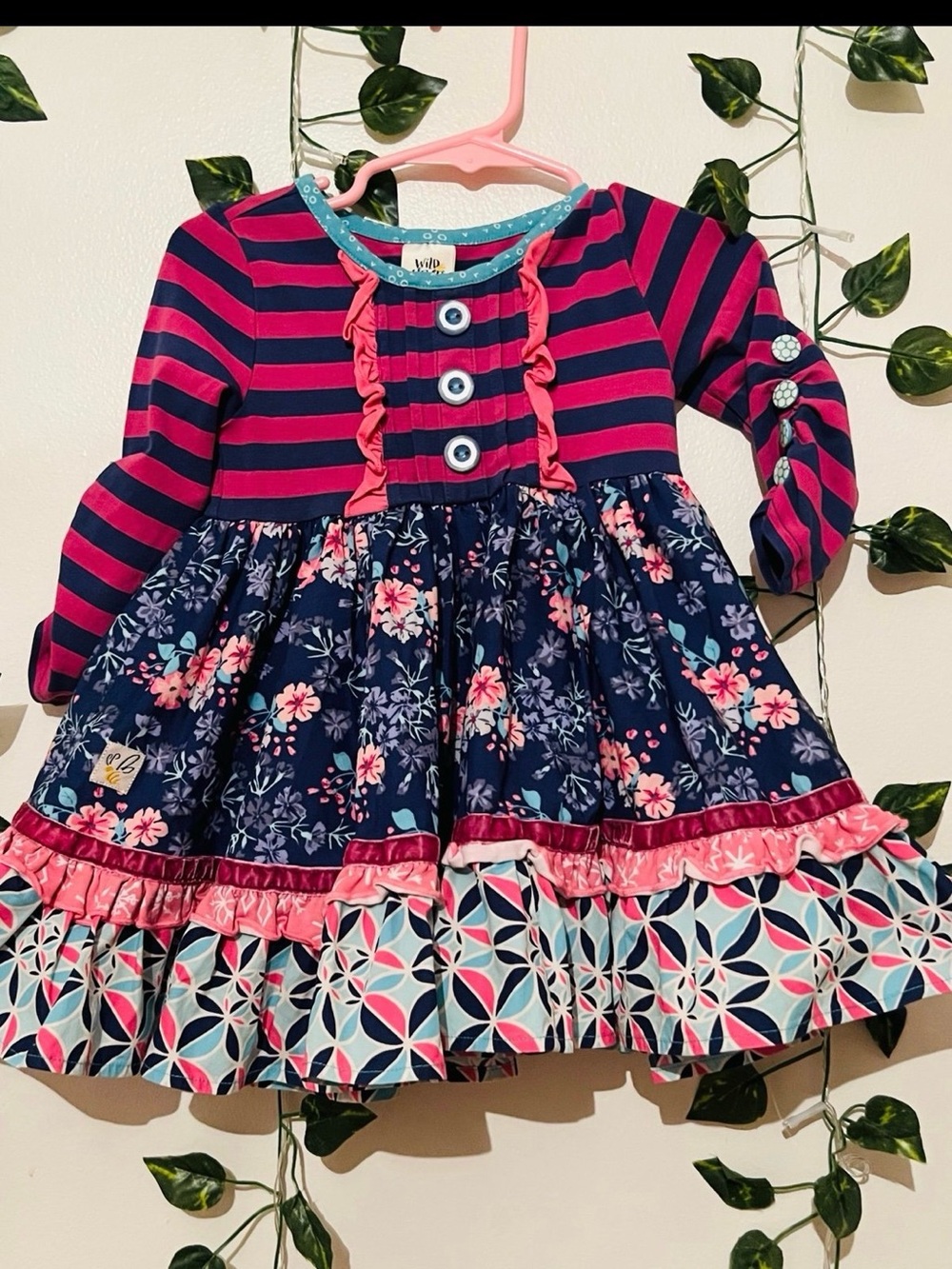Wildflowers Navy & Pink Striped Floral Ruffle Dress
